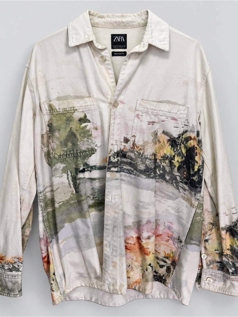 ZARA Cream Multicolor Denim Printed denim Lightweight Shirt Jacket